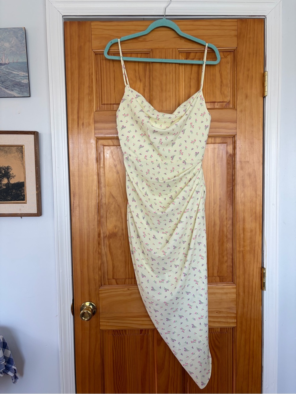 House of CB pastel Yellow Floral Asymmetrical Slip Dress with boning size small